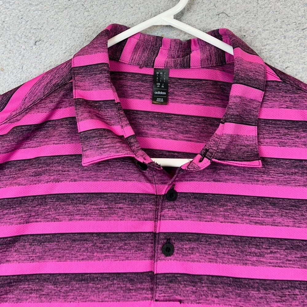 Adidas Polo Shirt Mens Large Pink Black Striped Golf Rugby Athletic Short Sleeve